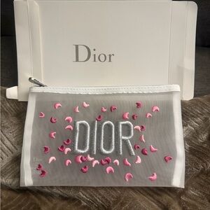 Dior White Mesh Pouch with Pink Embroidered Accents